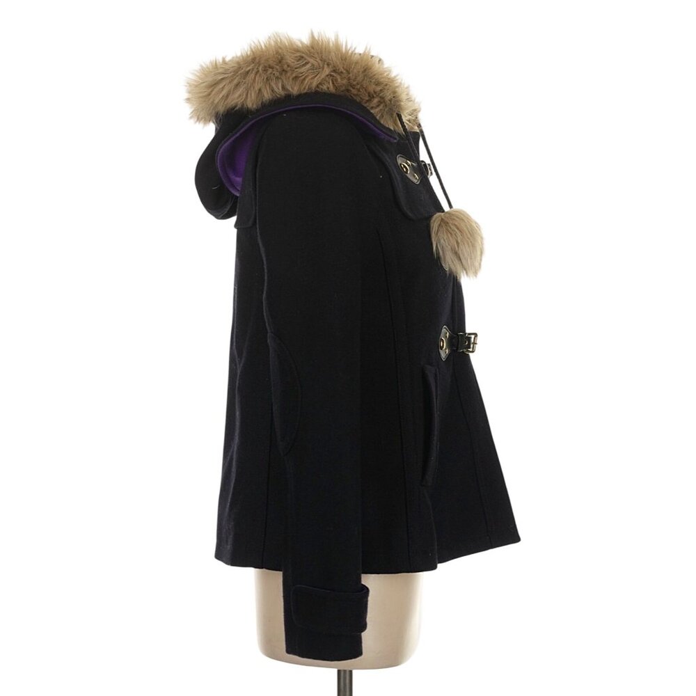 VTG Juicy Couture Black Wool Blend Faux Fur Trim Hooded Toggle Coat| Y2K Mobwife - Picture 13 of 16